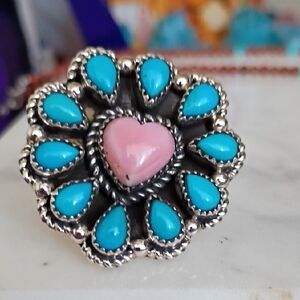 Charming Silver Ring with Turquoise and Pink Heart